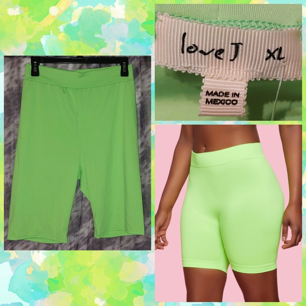 Love J brand Neon Lime Green Solid High Waist Satiny Knit Bike Shorts XL(14/16)
